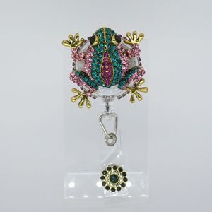ID Retractable Badge Reel Gold Tone Emerald Green Pink Colored Frog Rhinestones